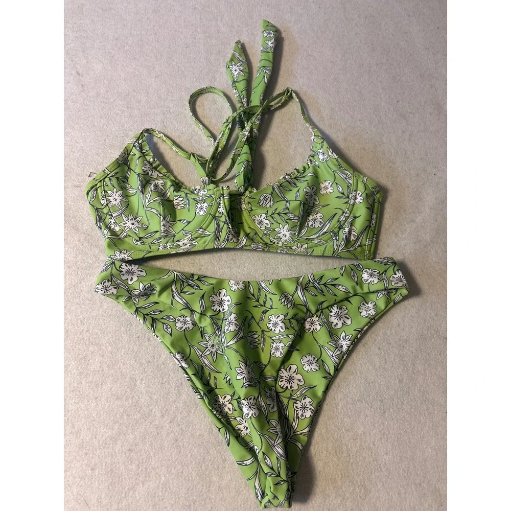 Zaful Lime Green Floral Underwire Bikini Set High Cut Cheeky Thong Size S US 4‎